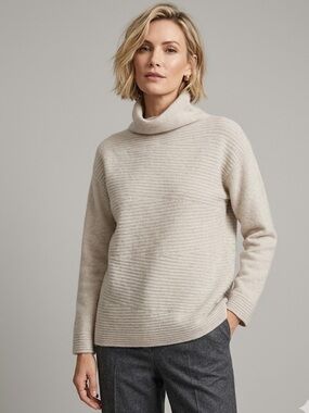 Talbots 100% Cashmere Ribbed Cowl Neck Slouchy Sweater - Beige | Size Medium